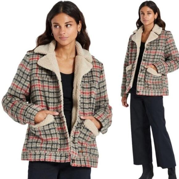 Brixton Nouvelle Plaid Sherpa Peacoat Red Black Vanilla Cozy Fall Winter Chic M - Picture 15 of 16
